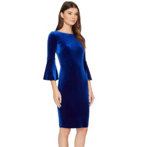 Calvin Klein Dresses & Skirts - Calvin Klein Blue Velvet Bell Sleeve Sheath Dress